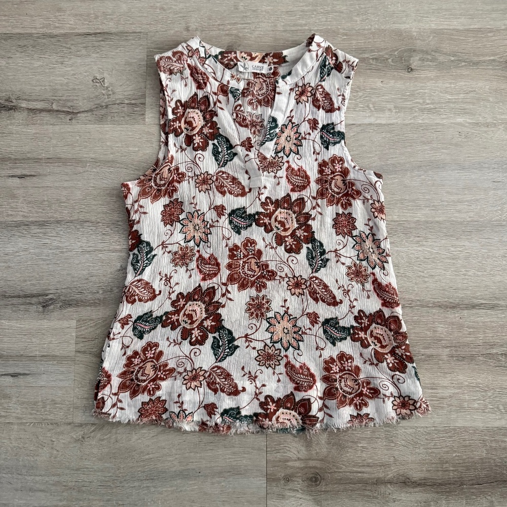 CARVE Designs Women’s Cream Floral Organic Cotton Sleeveless Top Small Casual